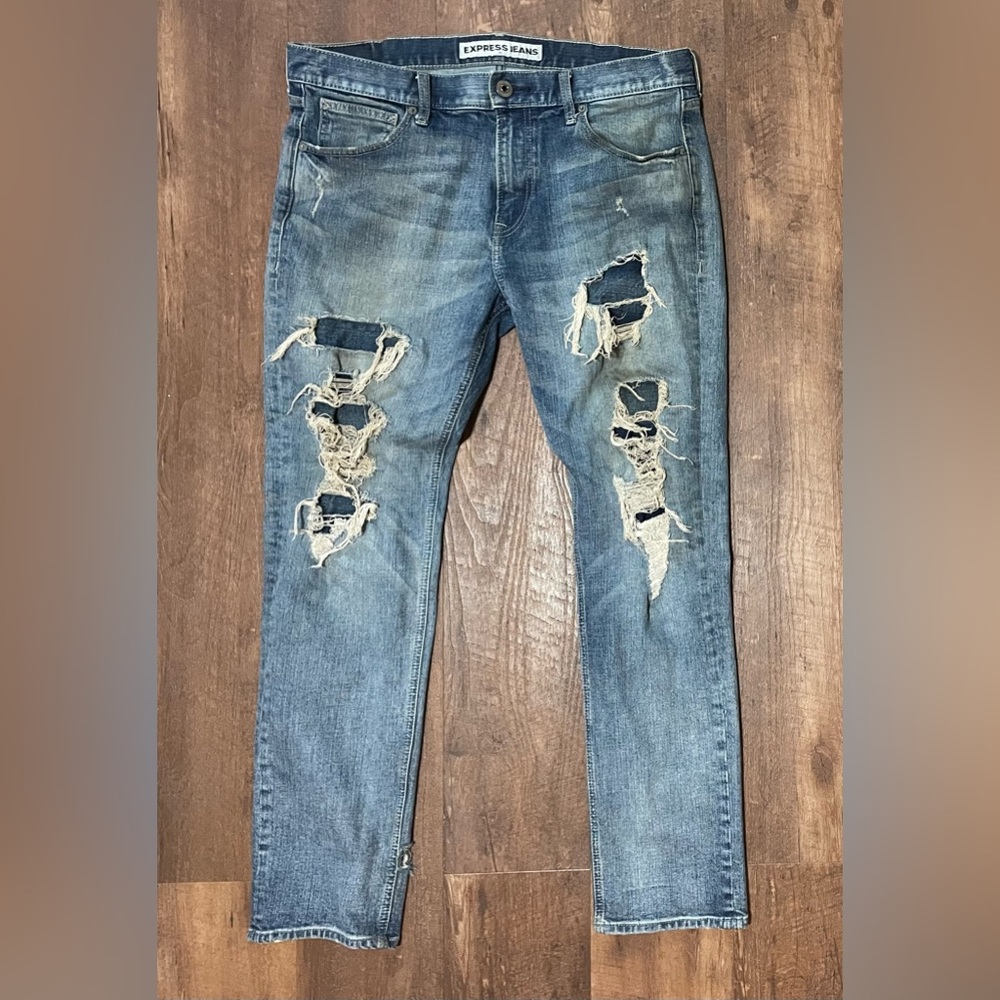 Express Rocco slim fit skinny leg distressed denim jeans mens size 34x32